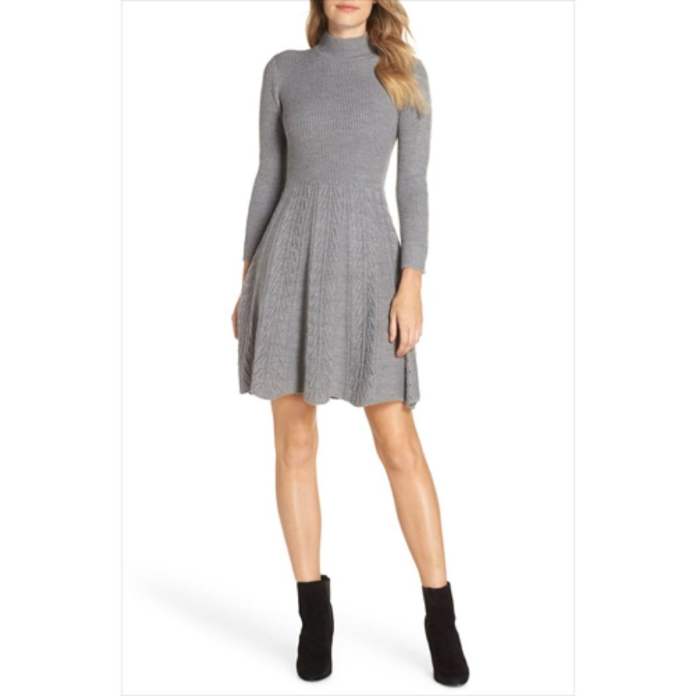 ELIZA J NEW  Mock Neck Fit & Flare Sweater Dress in Gray Medium